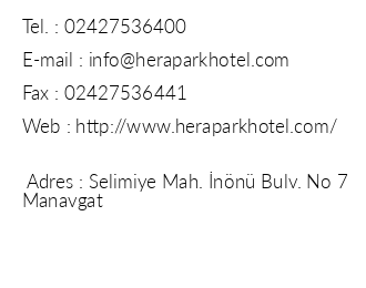 Hera Park Hotel iletiim bilgileri